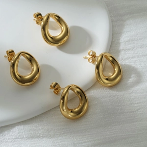 Polished 18k gold-plated stainless steel teardrop hoop earrings for women