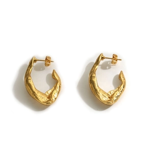Vintage 18K gold-plated irregular twisted hoop earrings with organic lava texture for women