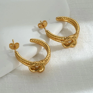 Orecchini A Cerchio C Placcati Oro 18K Acciaio Inossidabile Per Donna Con Nodo A Corda Geometrico Moda Gioielli