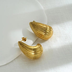 Women 18K Gold Plated Stainless Steel Striped Water Drop Earrings Chunky C Shaped Vintage Textured Fashion Jewelry