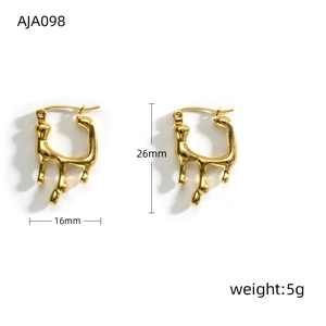 Detailed view of 26mm gold irregular knot earrings with liquid metal texture and dimensions