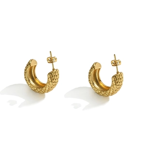 Golden stainless steel C-shaped earrings featuring a textured pineapple scale pattern