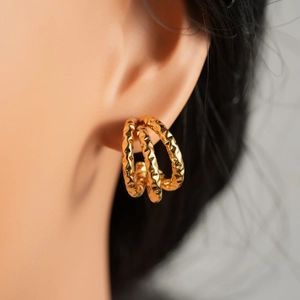 18k gold plated stainless steel triple hoop earrings with textured twisted metal design