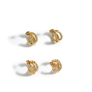 18k gold plated stainless steel C-shape twisted and hammered hoop earrings set