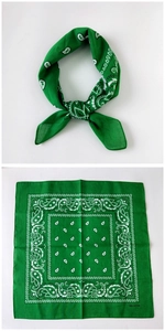 Dettaglio di bandana verde in 100% cotone con motivo paisley e trama del tessuto