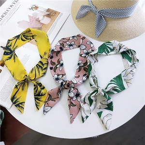 Women Elegant Satin Twilly Scarf Floral Polka Dot Print Hair Band Headband Handbag Handle Wrap Ribbon Fashion Silk Feeling Neck Scarf