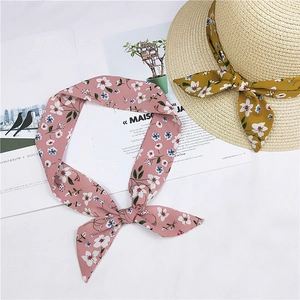 Pink floral silk scarf headband and matching straw hat set with yellow ribbon detail