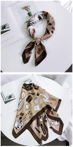 Detail of square silk scarf with vintage coffee dessert prints and cat illustrations