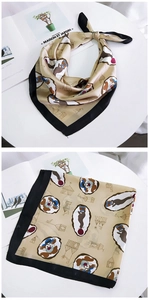 Detail of silk square scarf featuring cartoon squirrel prints and champagne satin finish