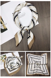 Detail of silk-like square scarf featuring classic geometric stripes and satin finish