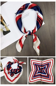 Detail of red and blue geometric stripe silk scarf with glossy finish and light texture