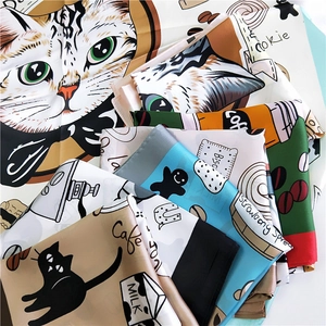 Silk square scarf featuring cute cartoon animals and food patterns in various colors