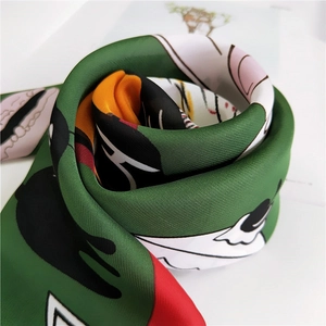 Satin silk scarf with retro green geometric patterns for women neckerchief headwear