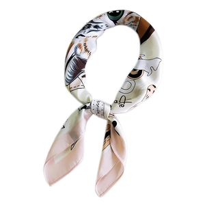 Silk square scarf with cat illustration and biscuit lettering in cream and pink