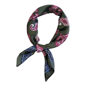 Olive green paisley square scarf with pink floral patterns and navy blue border accents