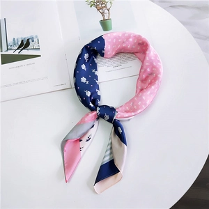 Floral silk scarf in pink and navy blue with stripe details on white background