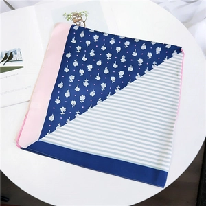 Floral and striped patchwork square silk scarf with navy blue and pink accents