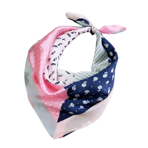 Floral print silk scarf with mixed patchwork patterns in blue and pink tones