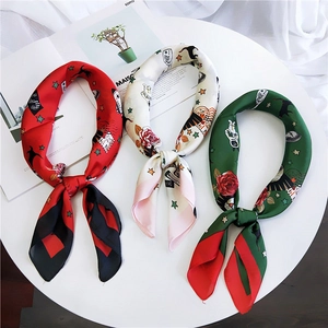 Women Retro Chic Astronaut Rabbit Cartoon Print Satin Square Scarf 70cm Silk Feel Bandana For Office Party Decorative Neck Scarf Wrap
