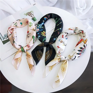 Chic 70cm square silk scarf featuring cartoon prints and golden wave patterns in three colors