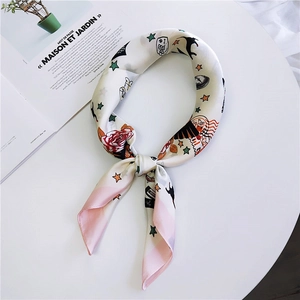Chic 70cm square silk scarf with cat and rose prints for professional women's daily wear