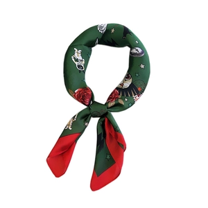 Chic 70cm square silk scarf featuring astronaut and cat illustrations on dark green