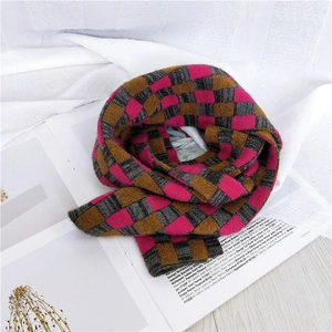 Kids checkered knit scarf in pink and brown tones for warm autumn and winter fashion
