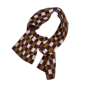 Thick checkered knitted winter scarf with vintage brown, cream, and red blocks for kids