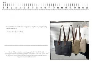 Detail view of large canvas tote bag with PU leather handles and outer pockets in three colors