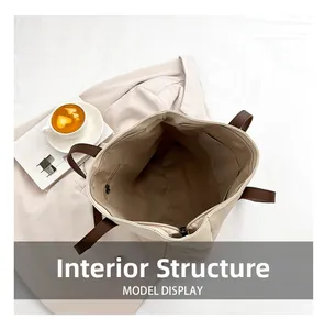 Internal structure of canvas tote bag showing zipper pocket and spacious compartments
