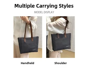 Minimalist grey canvas tote bag with brown leather handles shown in hand-carry and shoulder modes