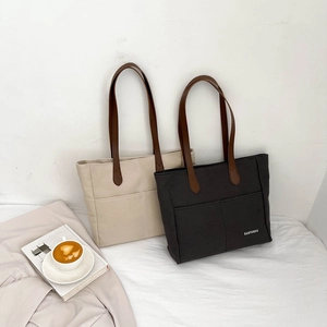 Women Canvas Tote Bag Large Capacity Shoulder Bag Multi Pockets Leather Handles Urban Casual Commute School Shopping Handbag