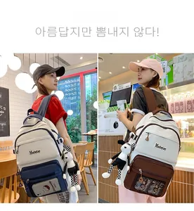 Vue détaillée du sac à dos en nylon à grande capacité avec plusieurs poches et pendentif