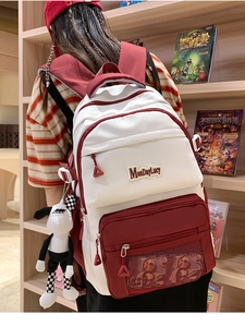 Détail du sac à dos style collège avec écusson MonDayLucy et pendentifs animaux