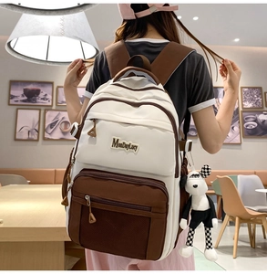 Vue détaillée du sac à dos blanc et marron avec pendentif de poupée de dessin animé