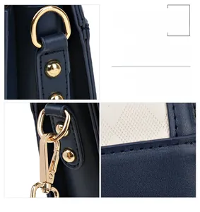 Close-up of premium gold-toned hardware and stitching on dark blue quilted handbag