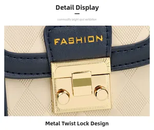 Detail of golden metal twist lock and diamond quilt texture on beige shoulder bag