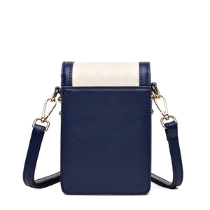 Navy and off-white quilted crossbody phone bag with gold metal buckle and strap