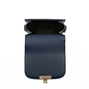 Deep blue rhombic pattern crossbody bag with gold rotating lock on white background