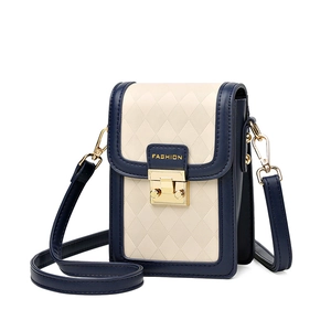 Quilted rectangle cell phone bag with cream white and navy blue contrast leather