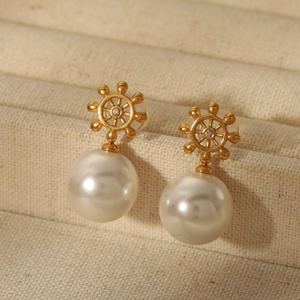 French vintage ship wheel earrings with 18k gold plating and round white pearls