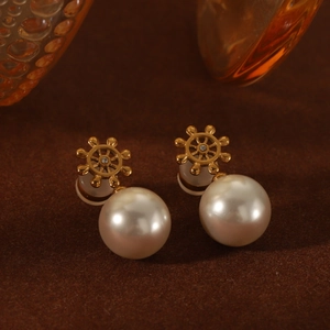 French style 18k gold plated helm ship wheel stud earrings with large white pearls