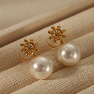 Elegant 18k gold plated nautical ship wheel earrings with large round white pearls