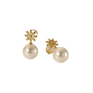 French style 18k gold plated stainless steel nautical ship wheel pearl drop earrings