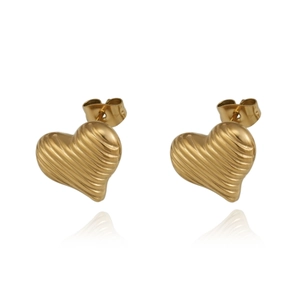 Polished 18K gold plated heart stud earrings with vertical striped textured design