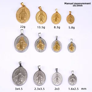 Size chart for 18K gold stainless steel Guadalupe religious pendants with weight details