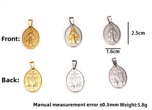 Detail of 18K gold stainless steel Virgin Mary Guadalupe pendant with size measurements