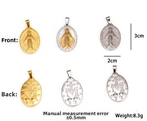 Detail view of 18K gold-plated stainless steel Virgin Mary pendants with dimensions and weight