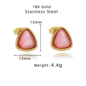 Macro view of 13mm triangle pink cat eye stone earrings with 18K gold stainless steel specs