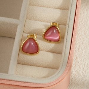 Pink cat eye stone triangle earrings with 18K gold plated stainless steel frame
